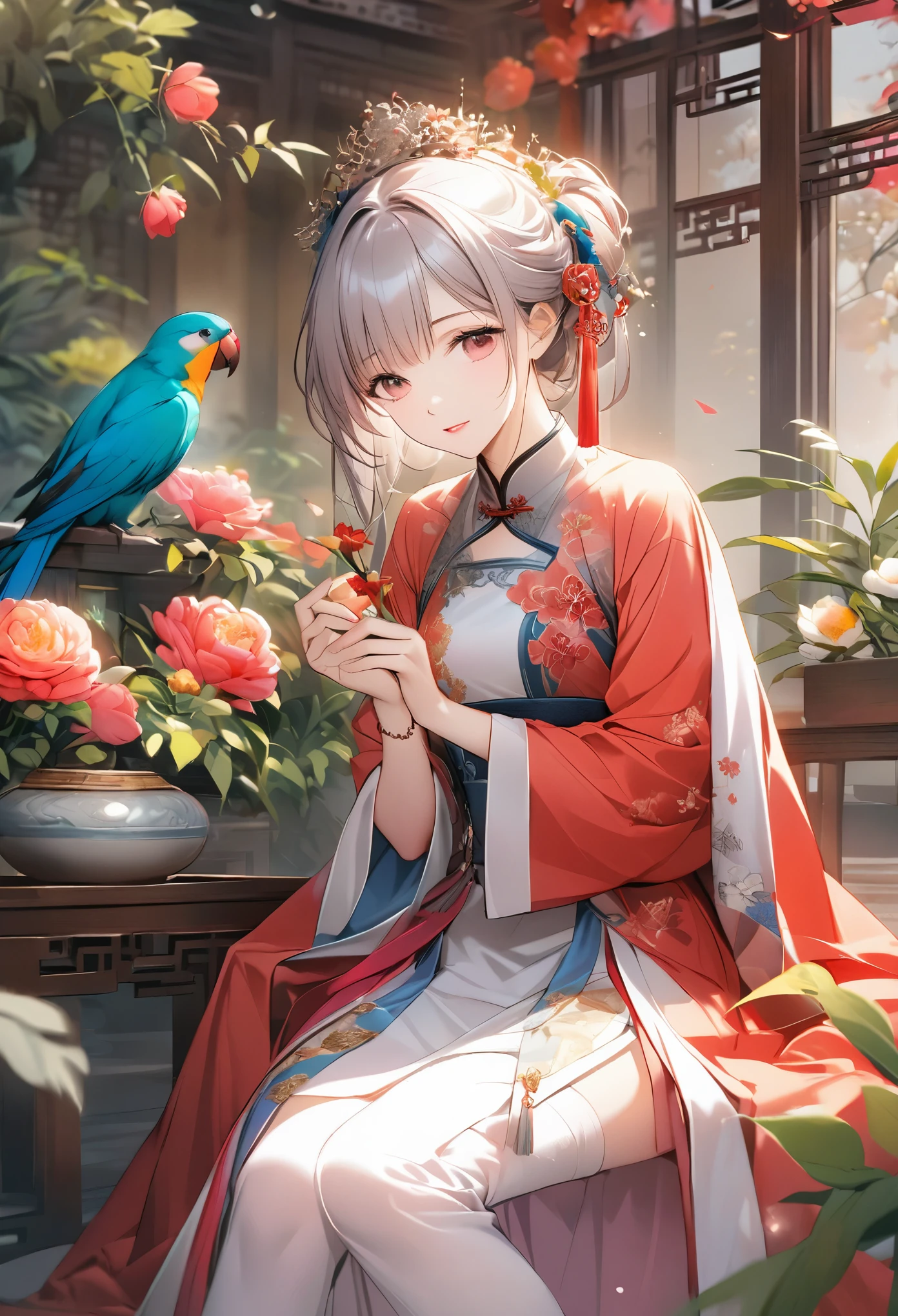 A beautiful young woman in traditional Chinese attire, surrounded by a lush garden. She is holding a parrot on her finger, gazing at it with gentle eyes. The woman's hair is styled in an elaborate updo adorned with flowers and traditional ornaments. Her dress is elegant, featuring fine silk with floral embroidery. The garden is in full bloom, with peonies and other flowers providing a backdrop. The scene captures the serenity and beauty of classical Chinese art, with a touch of nature harmony, (((Ultra-high saturation, high natural saturation, extremely bright colors)))