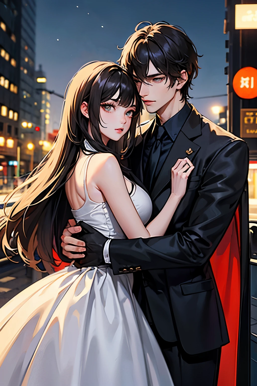 "Hugging couple", 1 handsome mafia boss with broad shoulders, thin waist, golden eyes, messy black hair, sharp jaws, 1 beautiful girl, ash brown hair, blue eyes, wearing white dress, night sky with city lights, ((masterpiece, Best quality, a high resolution, ultra detailed))