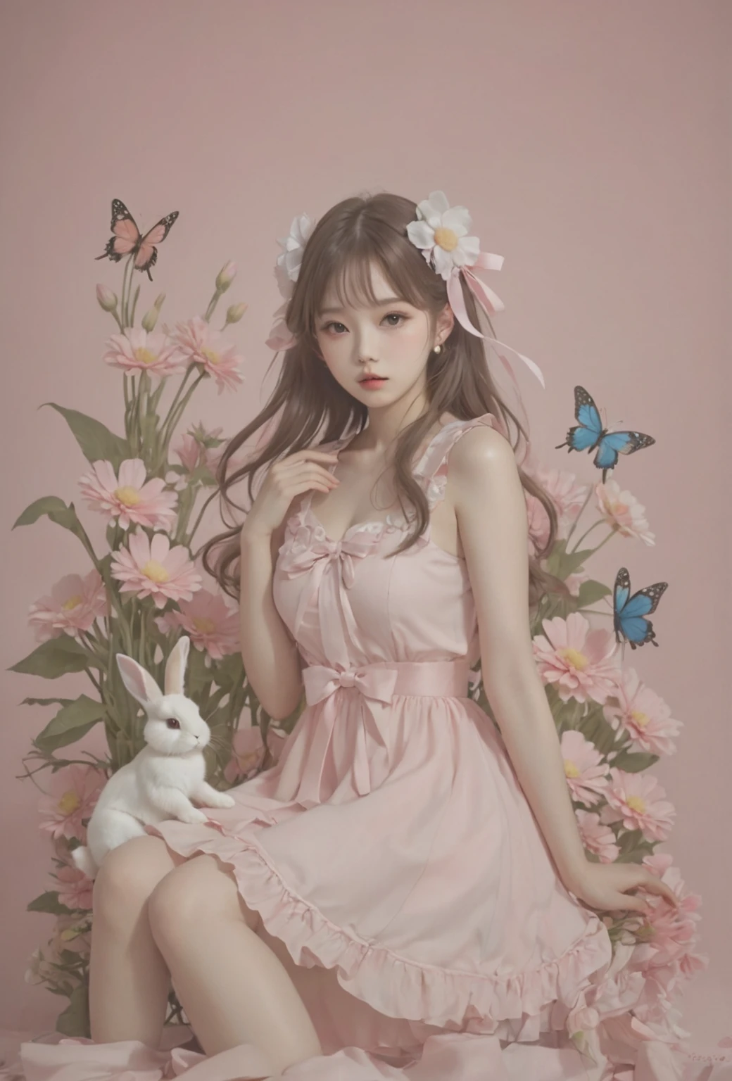 분홍색 สวมชุด 꽃밭에 앉아 있는 아라페 소녀, ultrarealistic sweet กระต่ายสาว,  สวมชุด, สุนทรียศาสตร์ที่น่าตื่นเต้นและน่ารัก, กู่เว่ยซู, artwork in the style of กู่เว่ยซู, แจยอนนัม, แกนนางฟ้า, ใบหน้าที่ดีที่สุด, กระต่ายสาว, พาสสีชมพู, น่ารักและน่ารัก, ผลงานที่ได้รับแรงบันดาลใจจาก Yanjun Cheng