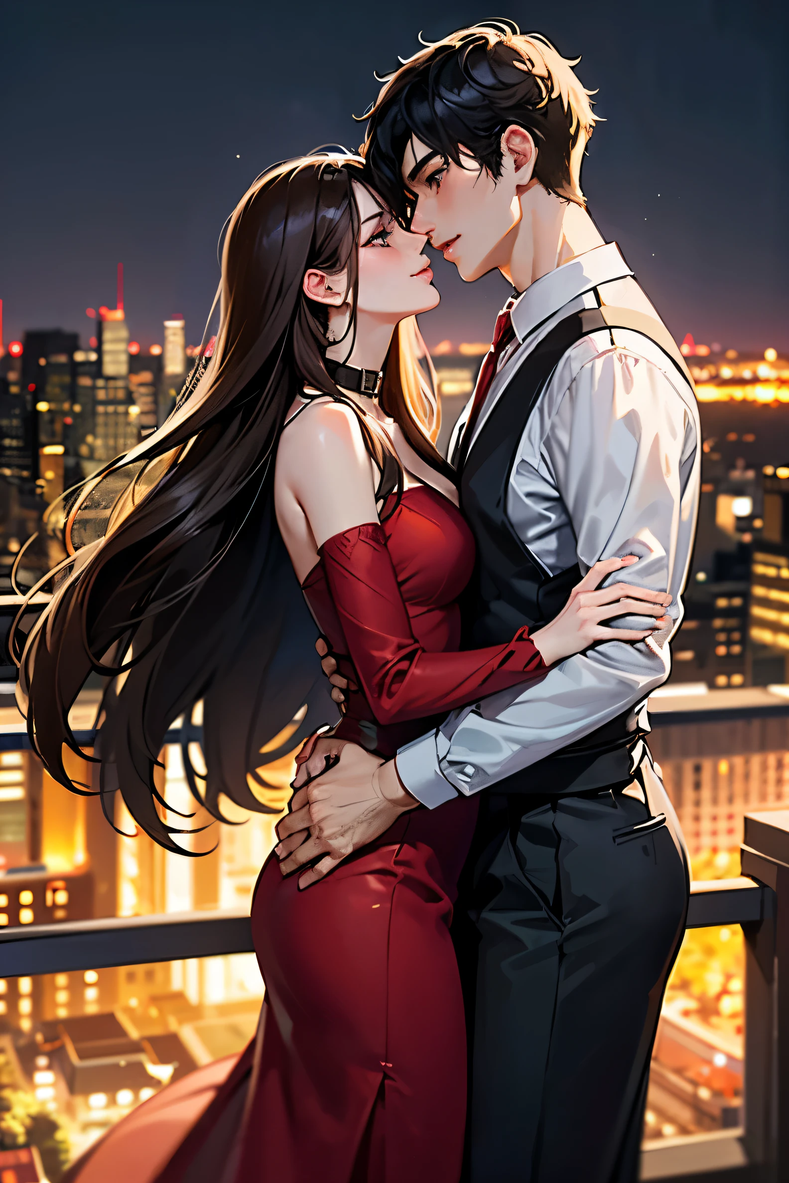 Anime couple kissing on rooftop at night - SeaArt AI