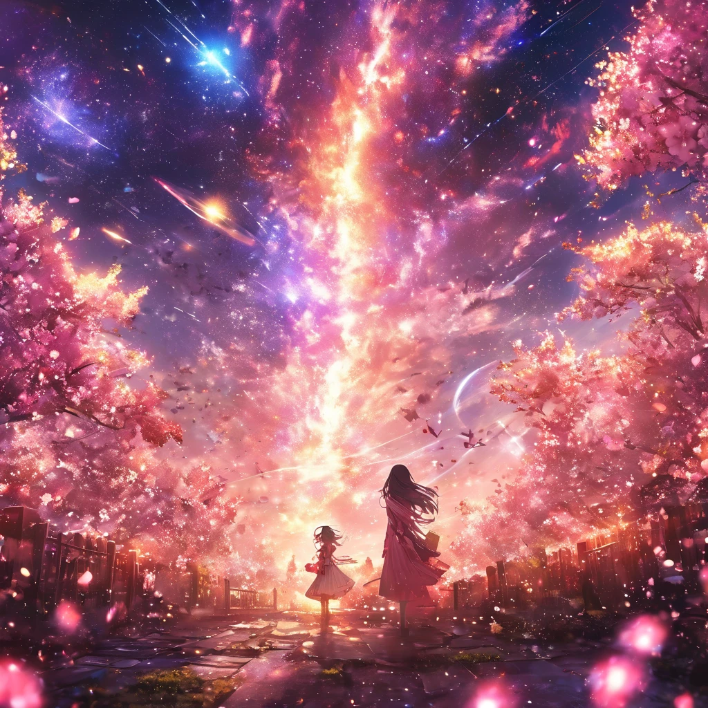 masterpiece, concept art, panorama, in the center, figure, wide shot, flower garden, night, (Meteors), Space galaxy background, (magnificent composition, epic proportions), dynamic lighting, Bright colors, cherry blossoms,1 girl,