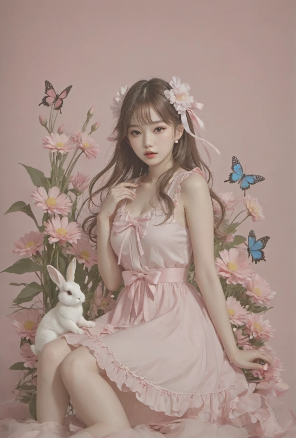 masterpiece,best quality,분홍색 wearing a dress 꽃밭에 앉아 있는 아라페 소녀, ultrarealistic sweet bunny girl,  wearing a dress, Exciting and cute aesthetics, Guweizu, artwork in the style of Guweizu, Jaeyeon Nam, fairy core, best face, bunny girl, Pink pastels, lovely and cute, Works inspired by Yanjun Cheng,natural fingers