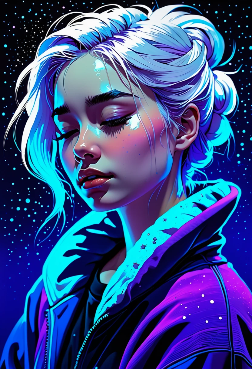 fluorescent horizon, luminism, digital brush strokes, best studio shading style, Portrait of a girl, stylized surreal retro manga horror digital painting. Black light painting with acrylic ink. Very detailed. a beautiful girl with closed eyes and a sad expression on her face, hunched over, hugging herself to keep warm, very cold, frozen. Wearing a sweatshirt. Neon white hair that resembles stalactites. A cool color scheme dominated by royal blue, cyan, violet and violet. Bold manga lines. Blue background with stars and stardust. Luminescent details. masterpiece, oil on canvas, Raphael, Caravaggio, Greg Rutkowski, Beeple, Beksinski, Giger