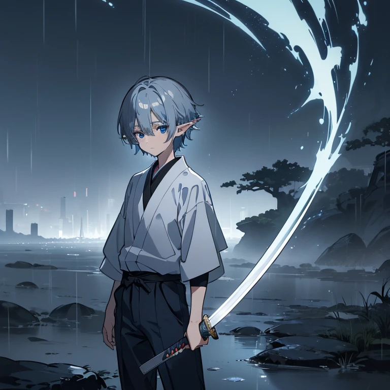 ((High resolution/high quality 8k/modern anime))、alone、(elf boy)、((dark blue eyes))、(light silver berry short hair)、slacks、Japanese style、rain、Holding a sword in his left hand、With a sad look、look down