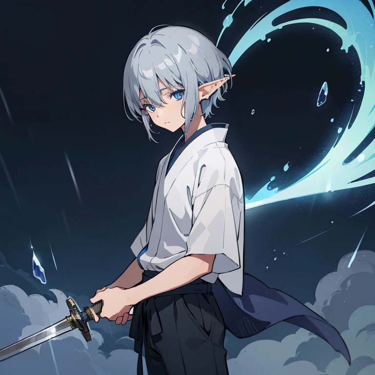 ((High resolution/high quality 8k/modern anime))、alone、(elf boy)、((dark blue eyes))、(light silver berry short hair)、slacks、Japanese style、rain、Holding a sword in his left hand、With a sad look、look down