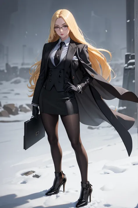 masterpiece, best quality, blonde hair, sfKolin, glasses, black shiny skirt suit, (((three-piece suit))), necktie, blazer, suit ...