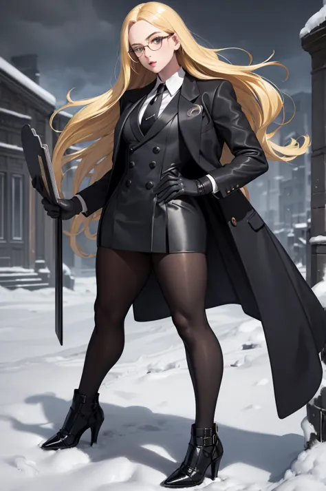 masterpiece, best quality, blonde hair, sfKolin, glasses, black shiny skirt suit, (((three-piece suit))), necktie, blazer, suit ...