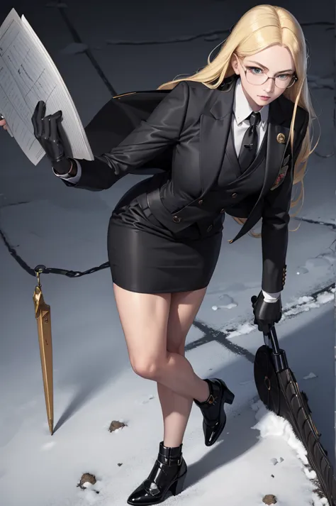 masterpiece, best quality, blonde hair, sfKolin, glasses, black shiny skirt suit, (((three-piece suit))), necktie, blazer, suit ...