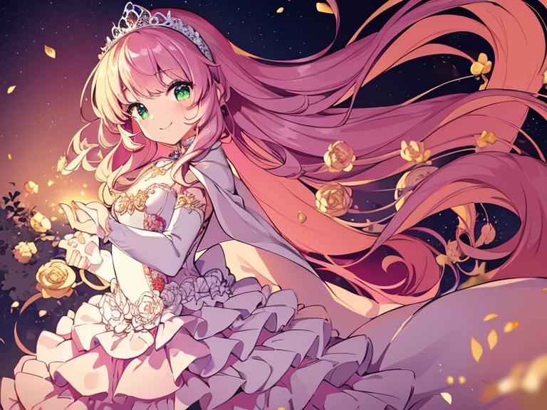 (kawaii),(best quality,4k,highres),upper body,(rococo style),(long train pink cape),(long train white ball gown with flowers),(detailed fabric),a girl wearing a cape over her dress,1 little princess, tiara, smile, very long hair,(small delicate breasts), green garden background, vibrant colors, soft lighting