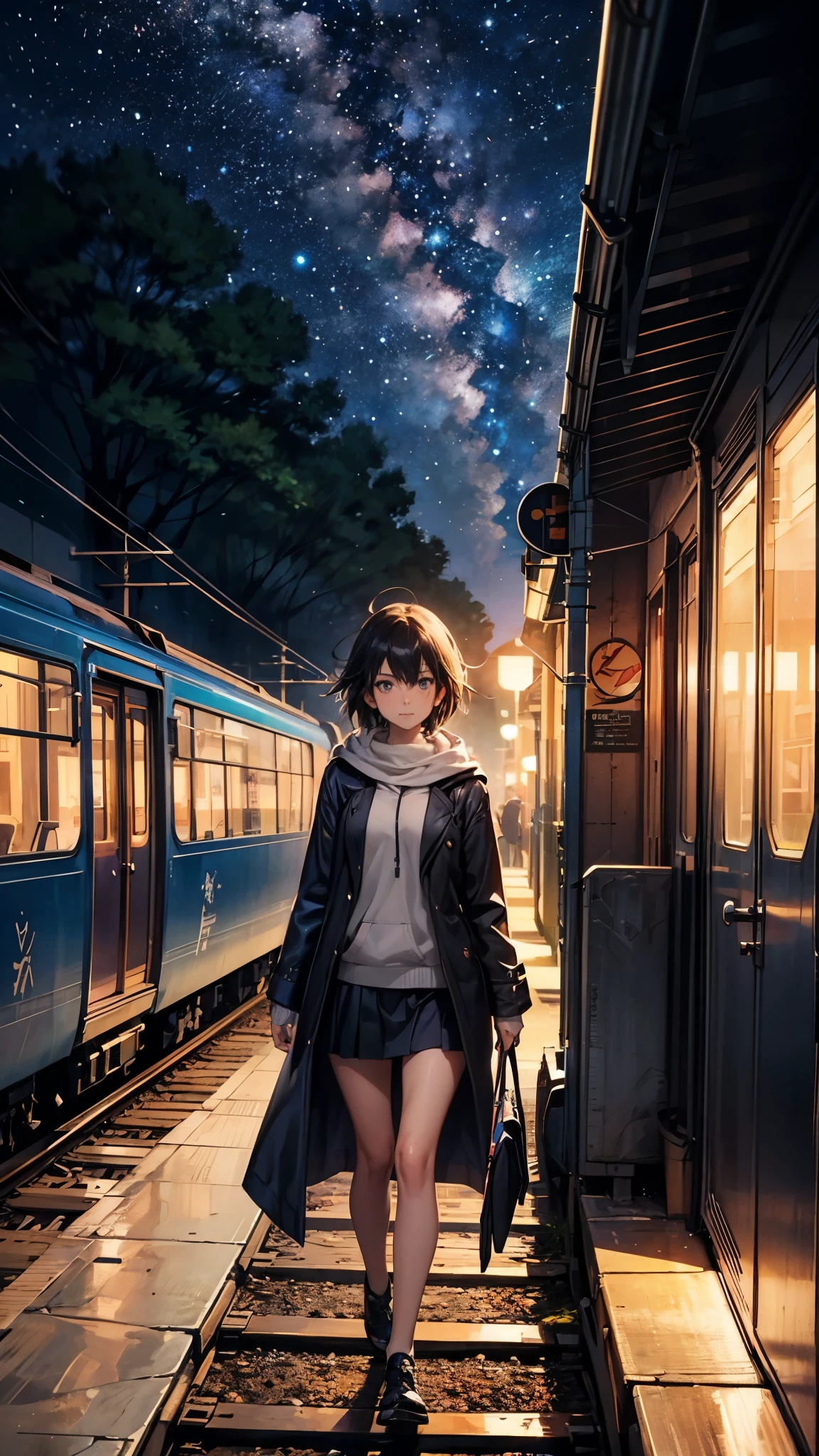 high high quality， tmasterpiece ，1 girl,ssmile,(Wearing mini skirt:1.2),cabelos preto e longo hooded long coat with trim，scenecy，Train passes through body of water on railroad tracks， Sparkling starry sky。Romantic train，pixiv，concept-art，Lopfe art style， lofi art, beautiful anime scenes, Anime landscapes, Detailed view – width 672, Makoto Shinkai's style, Makoto Shinkai's style，Detail Enhancement。