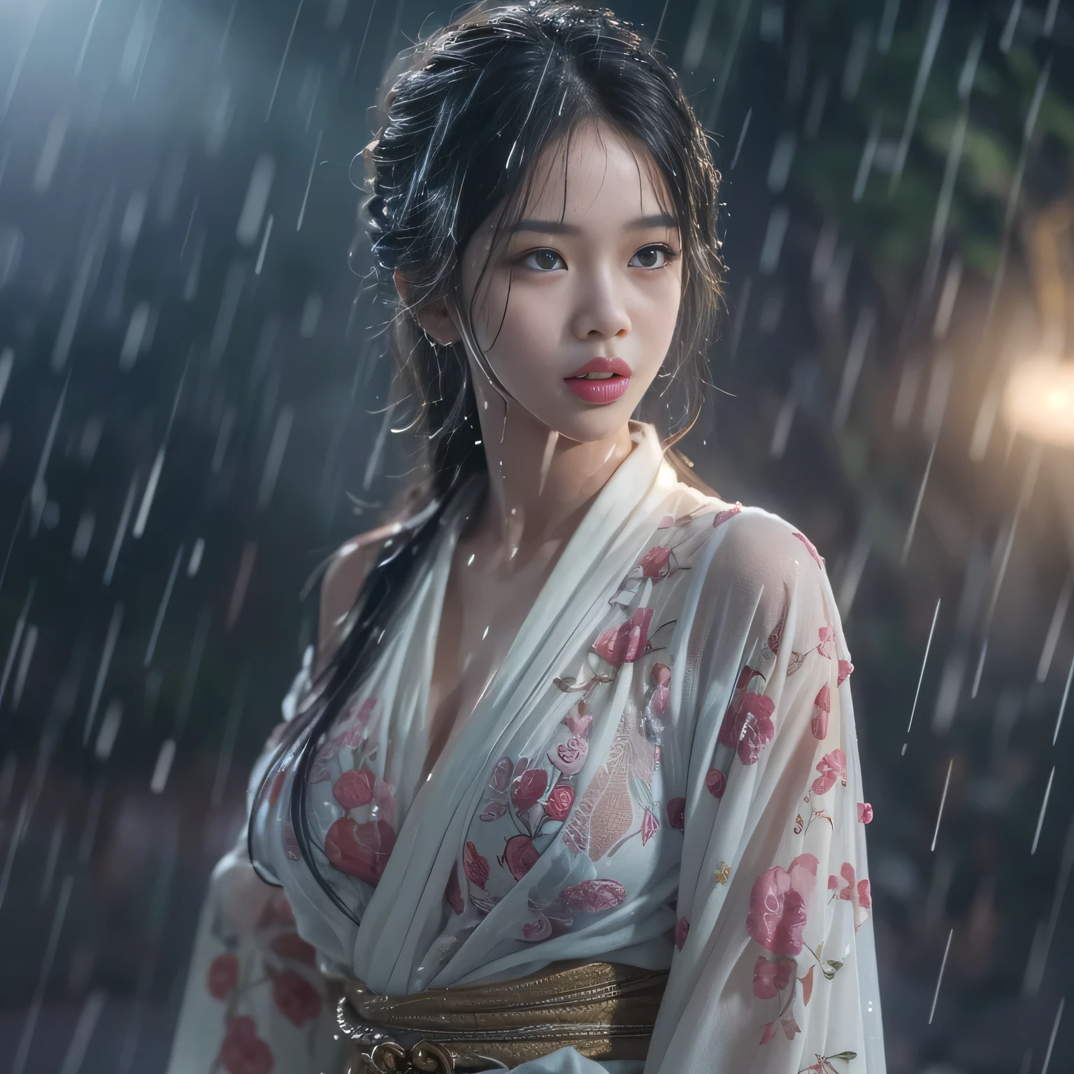 (highest quality、Super detailed、realistic、(((full body portrait)))、photorealistic:1.37)、(correct anatomy:1.4)、A young and beautiful woman is in front of the camera、18-year-old、Shabby kimono、Stunned expression、 ( that&#39;It&#39;s raining very heavily:1.5)、Create Rain with Motion Flow Effect、My hair is very wet、My whole body got wet、My underwear is very wet、Wet、erotic、whets the appetite、fine and beautiful eyes、beautiful detailed lips、long eyelashes、curly hair、smooth skin、fit the body、sparkling eyes、shining lips、sensual curves、Passionate、provocative、seductive pose、soft lighting、romantic atmosphere、subtle shadow、intense colors、enchantingly illuminated、high contrast、eroticism、 intimate atmosphere、Luscious、desire、joy、erotic beauty、erotic sensations、fluid movement、erotic arousal、Wetness、characteristic shine、Wet skin、flowing movement、(orgasmic release:1.4)、Drip crotch、uncontrollable joy、 Intense feeling、The moment of fascination, her panties are wet with bodily fluids、 The highest quality、