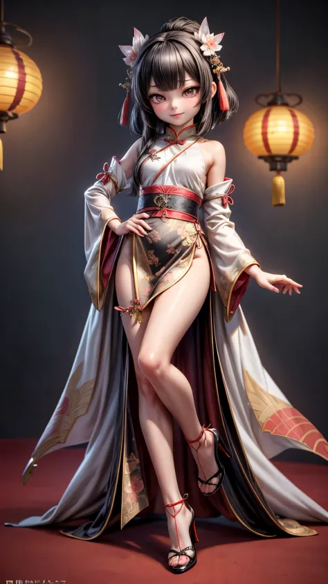 Sexy seductive lady,16 years old, peach blossom eyes, smoky makeup, silk high-forked hanfu, stiletto heels, (bare legs), provoca...