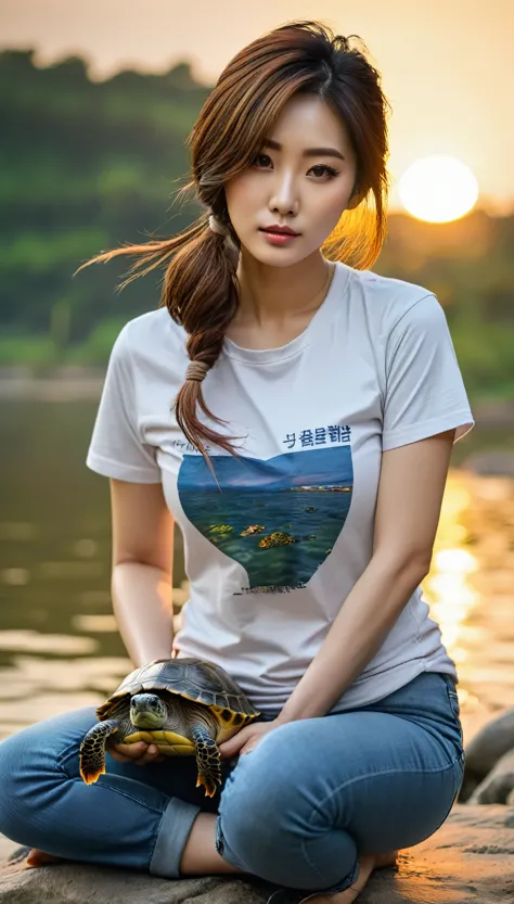 raw photo of beautiful korean female, 34 inch breasts size, tied hair, wearing fitting t-shirt, jeans, squatting playing with tu...