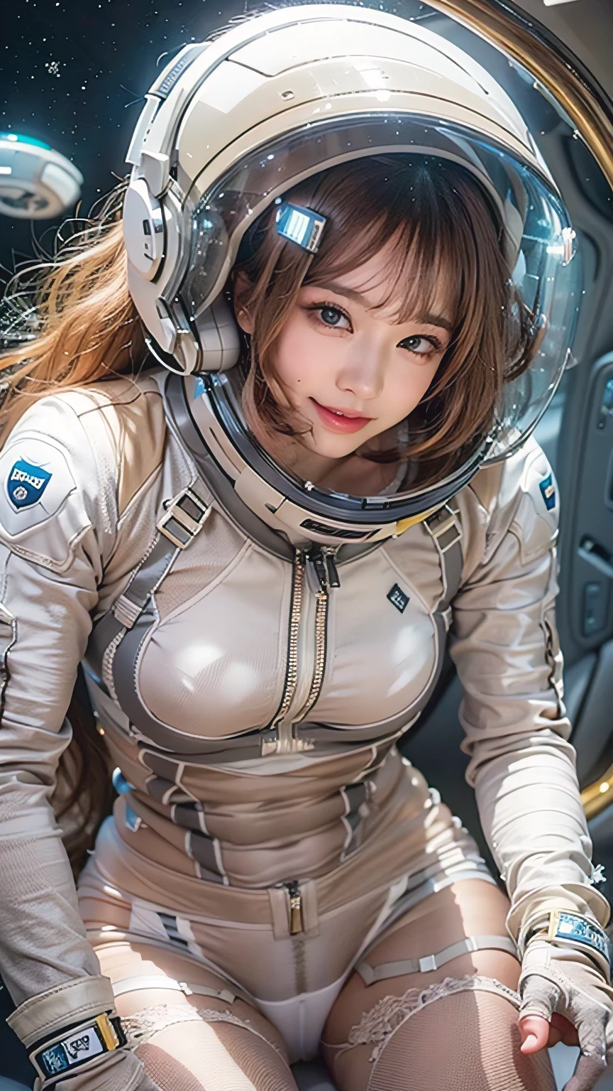 realistic, 4K, top quality、masterpiece、Ultra A high resolution、(realistic:1.4)、Full body beautiful woman１、23 year old full body woman, Beautifully detailed eyes and skin、smile、happy expression, smile towards you, ((very large breasts)), My heart flows down due to gravity, light brown long hair、Full vinyl spacesuit、spacesuit with visible underwear, take off one&#39;s helmet, ((white crop attire, Lace T-panties)), ((No Braza)), inside the spaceship, Iced&snow planet、very erotic pose, woman who wants to have sex, Looking straight at the camera, A woman I want to hug, Obscene pose in weightlessness,