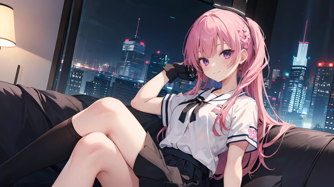 a girl，solo，Long pink hair，gentle，Smile，medium long hair，Distribute，White short sleeves，White short sleeves游戏服，black skirt，black underwear，black gloves，cyberpunk characters,night, night city background，digital punk, anime style 4k, Sitting on the sofa，indoors，in the bedroom，((black high-socks))，mitsukasa ayase、character-centered