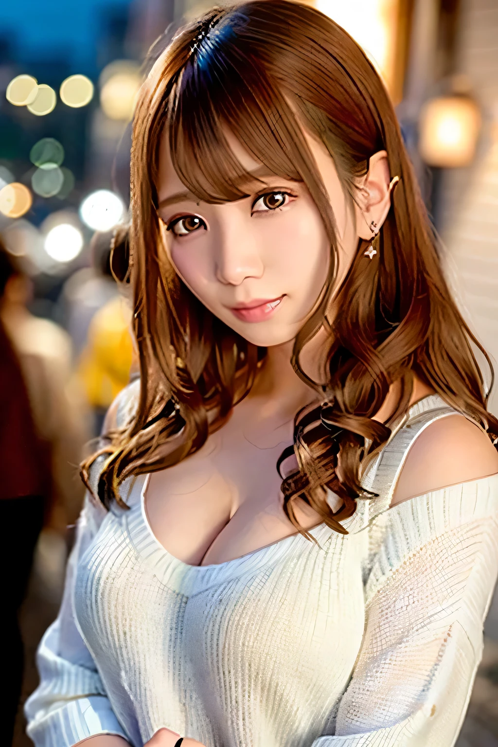 (skin scars:1.2),1woman, 28, (((woman))), (skin dents), nice, alone, realistic, highest quality, photorealistic, masterpiece, 8K, High resolution, alone, highly detailed face, cowboy shot, bust shot, passport photo, full face, (professional lighting, Bokeh), (particles of light, Lens flare, shining particles:0.6), (dynamic pose:1.2), soft lighting, View from above, Fashionable and trendy atmosphere, Japan, Tokyo, ((at night)), ((looking at the viewer)), (look at the camera),(portrait:0.6), Are standing, Upper body, close up of face, (Medium chest:1), (long hair), brown hair, floating hair, nose, lips, lipstick, enchanting smile, floating hair, mole, (cheekbone:1), (mole under eye:1.2), sweater,, mini skirt,