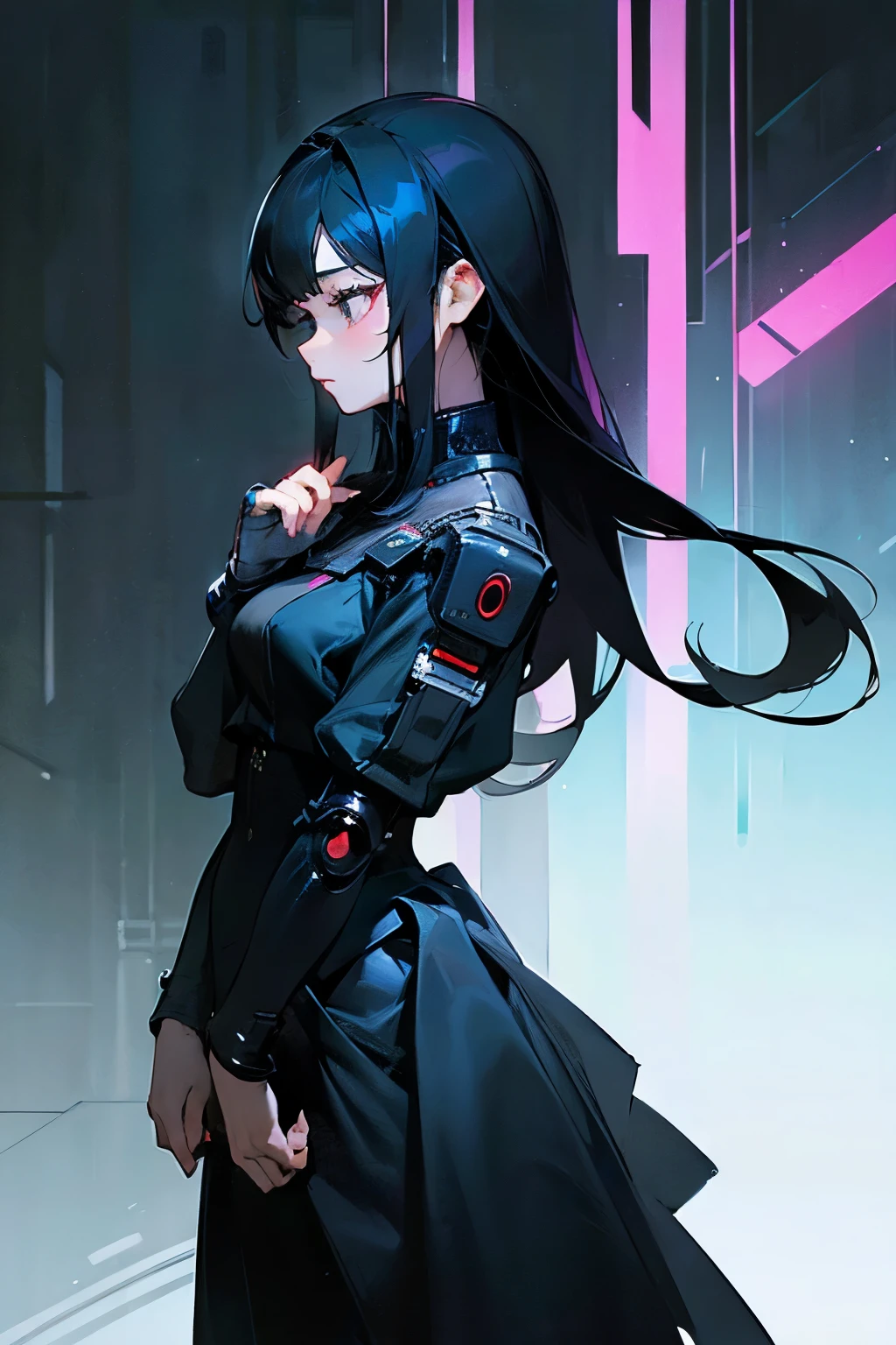 (masterpiece, highest quality), 1 girl, black hair,long hair、 suit, cyber punk, alone, Waist height, sexy look、profile、intellectual