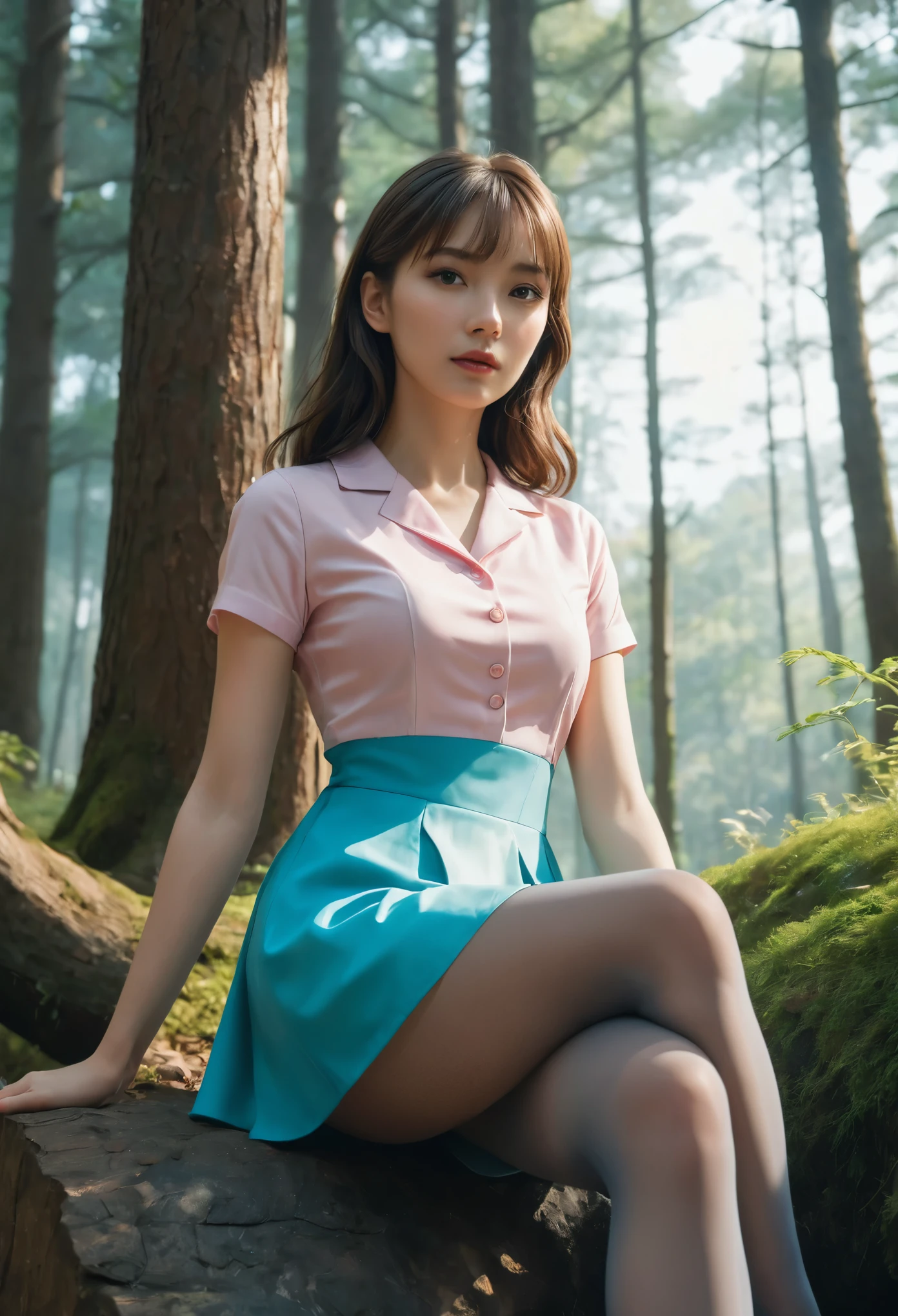 (whole body:1.5)，(1 woman:1.3),(View viewer:1.4)，(anatomy correct:1.4),(sitting in the forest:1.2),(wearing school style dress:1.2),(opaque pantyhose:1.3),( women&#39;s thick pointed heels :1.1)，((Purplish color | Blue color | in pink | gray |white color  |black | Orange color | coloring | turquoise color | Gold | khaki | salmon color):1.2),(precise and perfect face:1.3),(long legs:1.3),hyper hd, ray tracing, reflected light， structurally correct, Awards, high detail, Brighten the shade contrast, face lighting ，movie lights, masterpiece, super detailing, high quality, high detail, best quality, 16,000，high contrast,