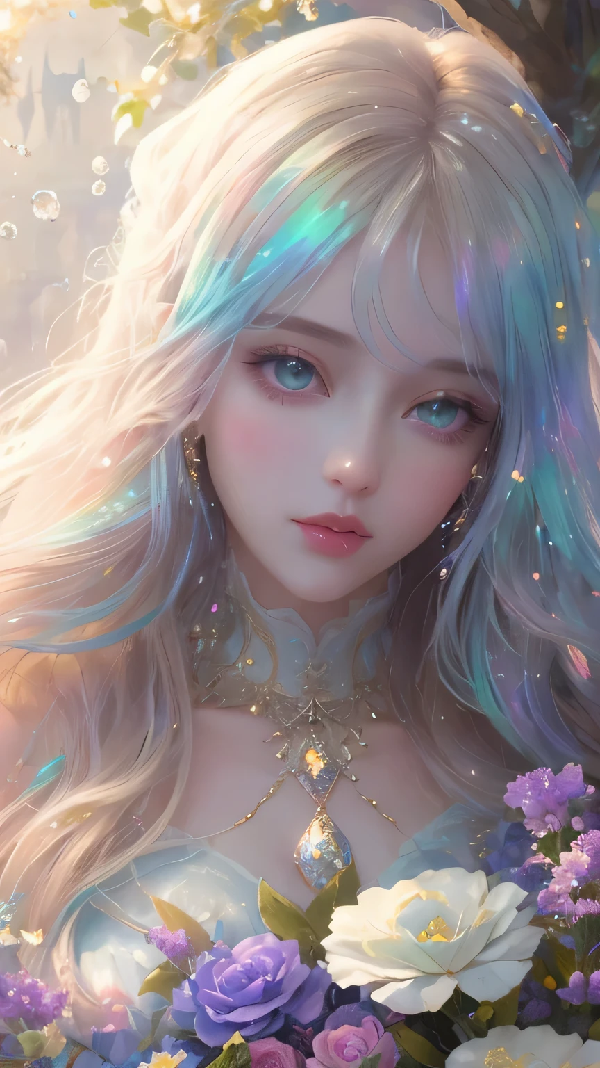 (high quality, 8K), (soft light), iridescent, a girl, Detailed face, narrow eyes, watercolor paiting,  So magical and dreamy, Dreamy and detailed, dreamy atmosphereとドラマ, gorgeous atmosphere, dreamy beautiful lights, dreamy atmosphere, beautiful atmosphere, dreamy and romantic, Dreamy fantasy theme, magical atmosphere, beautiful atmosphere, anime background art, magical atmosphere + on the table, Dreamy aesthetics, Exquisite details and grandeur, many flowers, bubble, water, garden
