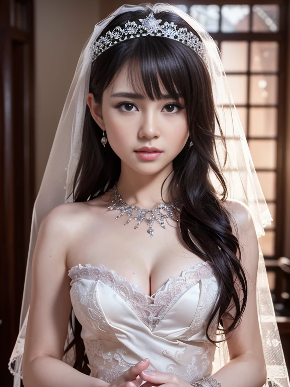 Highly detailed CG Unity 8k wallpaper, top quality, super detailed, masterpiece, realistic, photorealistic, highly detailed cute girl, (25 years old), blush, round eyes, small breasts, viewer, semi-body shot, white wedding dress, cleavage, veil