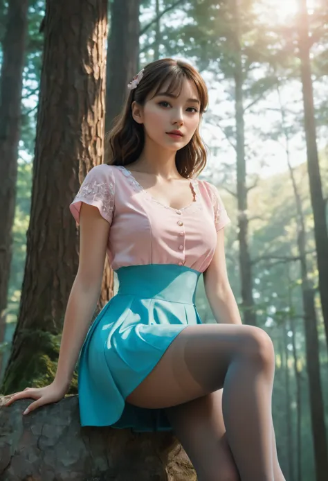 (whole body:1.5)，(1 woman:1.3),(View viewer:1.4)，(anatomy correct:1.4),(sitting in the forest:1.2),(wearing school style dress:1...