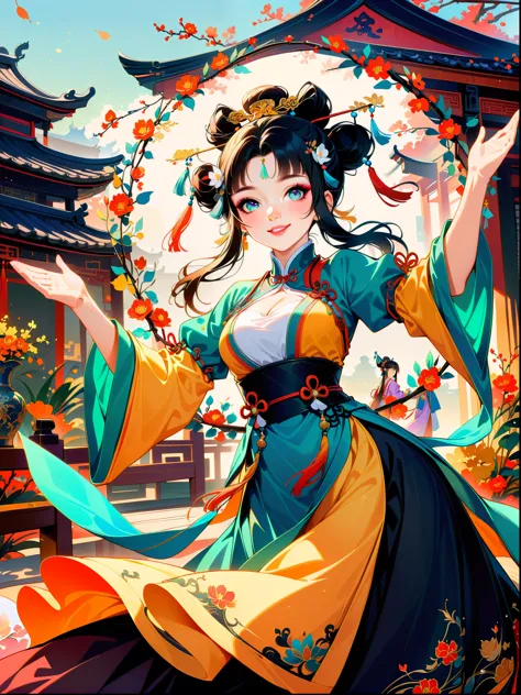 ((close shot))，works of chinese style ink masters，princess of china，yang guifei，tang dynasty hanfu，skirt，chinese garden，dance，sm...