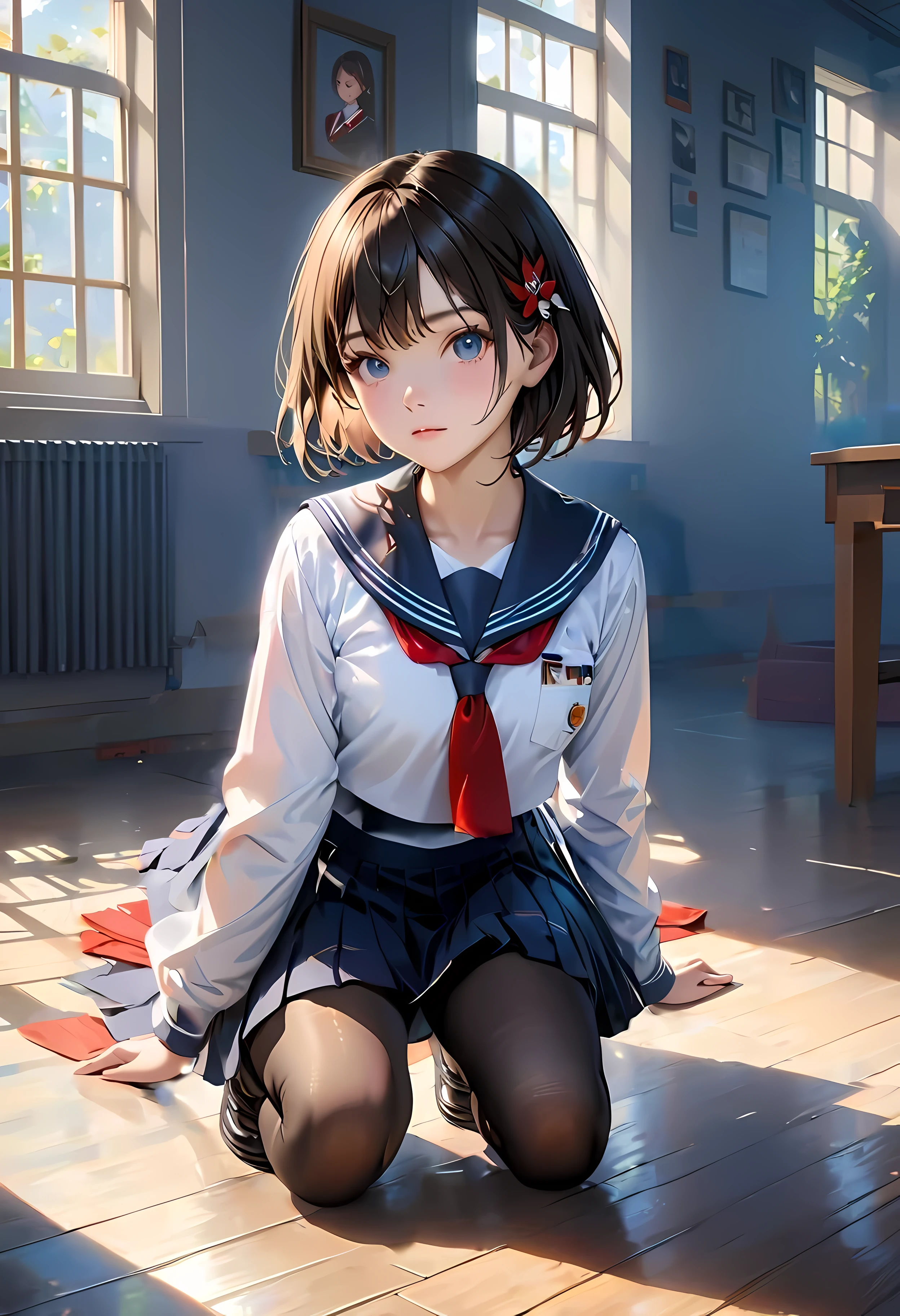 a girl,solo,(a girl squatting, school uniform, pleated skirt), best quality, ultra-detailed, realistic:1.37, vivid colors, professional, portraits, photography, natural lighting,(best quality,4k,8k,highres,masterpiece:1.2),ultra-detailed,(realistic,photorealistic,photo-realistic:1.37),1girl,school uniform,white serafuku,Uniform,long sleeves,school uniform,skirt,pantyhose,black pantyhose,red necktie,accessory,short hair,looking at audience,portraits,vivid colors,soft lighting,Put your hands between legs,hands in front