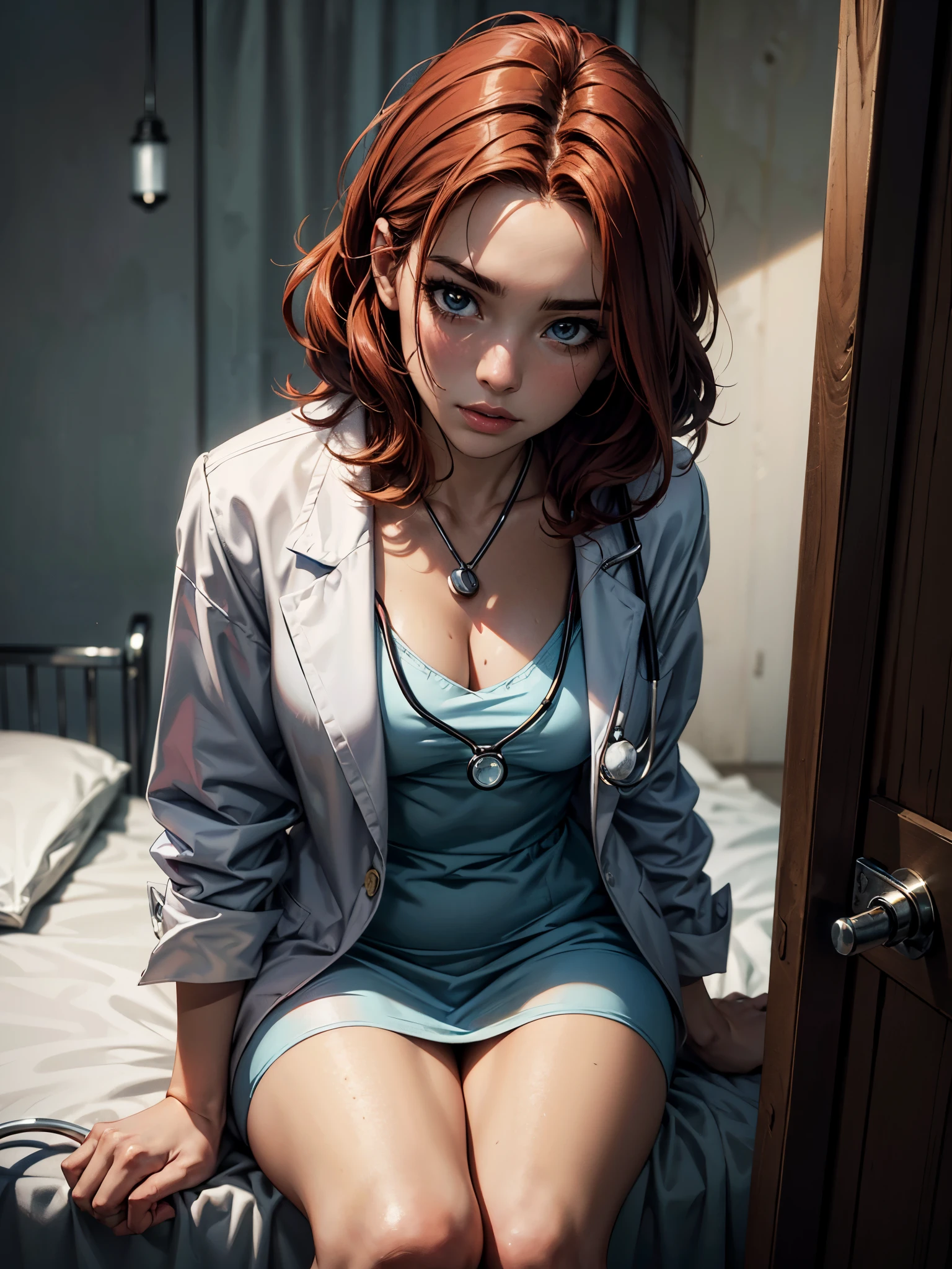 (((HD photo))), ultra high res.photorealistic:. 1.4, UHD, masterpiece, trending on artstation, portrait, full body shot, 1girl, pretty, cute face, most beautiful in the world, cleavage, soft, delicate, (medium red hair), perfect figure, (wearing white doctor uniform:1.2), leaning over, holding stethoscope:1.4, medical fetish, examination, sunkissed, hospital ward background, sfw