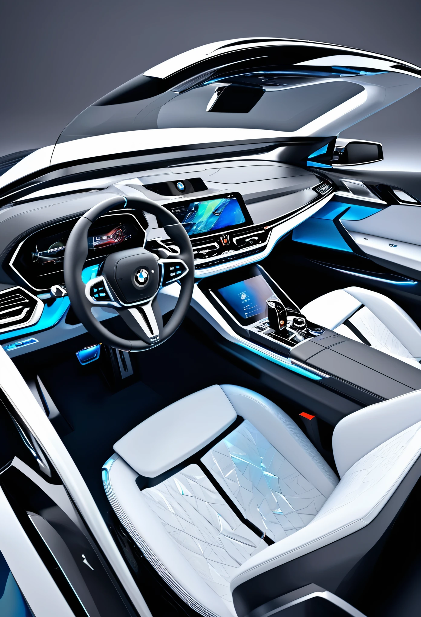 fantastic concept car, future of BMW X5, hyper-realistic design, cutting-edge technology, innovative features, sleek and dynamic body, seamless integration of form and function, bold and striking color scheme, luxurious interior, autonomous driving capabilities, advanced aerodynamics, sustainable energy sources, ultra-high performance, seamless connectivity, intelligent AI assistance, 8K resolution, ultra-detailed rendering, masterful craftsmanship, studio lighting, vivid colors, photo-realistic perfection, futuristic design elements, dynamic lines, sculpted curves, gull-wing doors, interactive holographic display, gesture-controlled interface, multi-touch control panels, augmented reality windshield, panoramic glass roof, state-of-the-art sound system, plush leather seats, ambient lighting, soothing color tones, advanced safety features, adaptive suspension system, intelligent energy management, cutting-edge tire technology, autonomous parking, virtual reality test drive