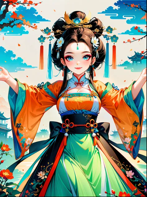 ((close shot))，Works of Chinese style ink masters，Princess of China，Yang Guifei，Tang Dynasty Hanfu，Skirt，Chinese garden，dance，Smile，Brilliant colors，Star-sparkled，gorgeous，Huafu，The ribbon flutters，Exquisite makeup，(white simple background)，(first-person v...
