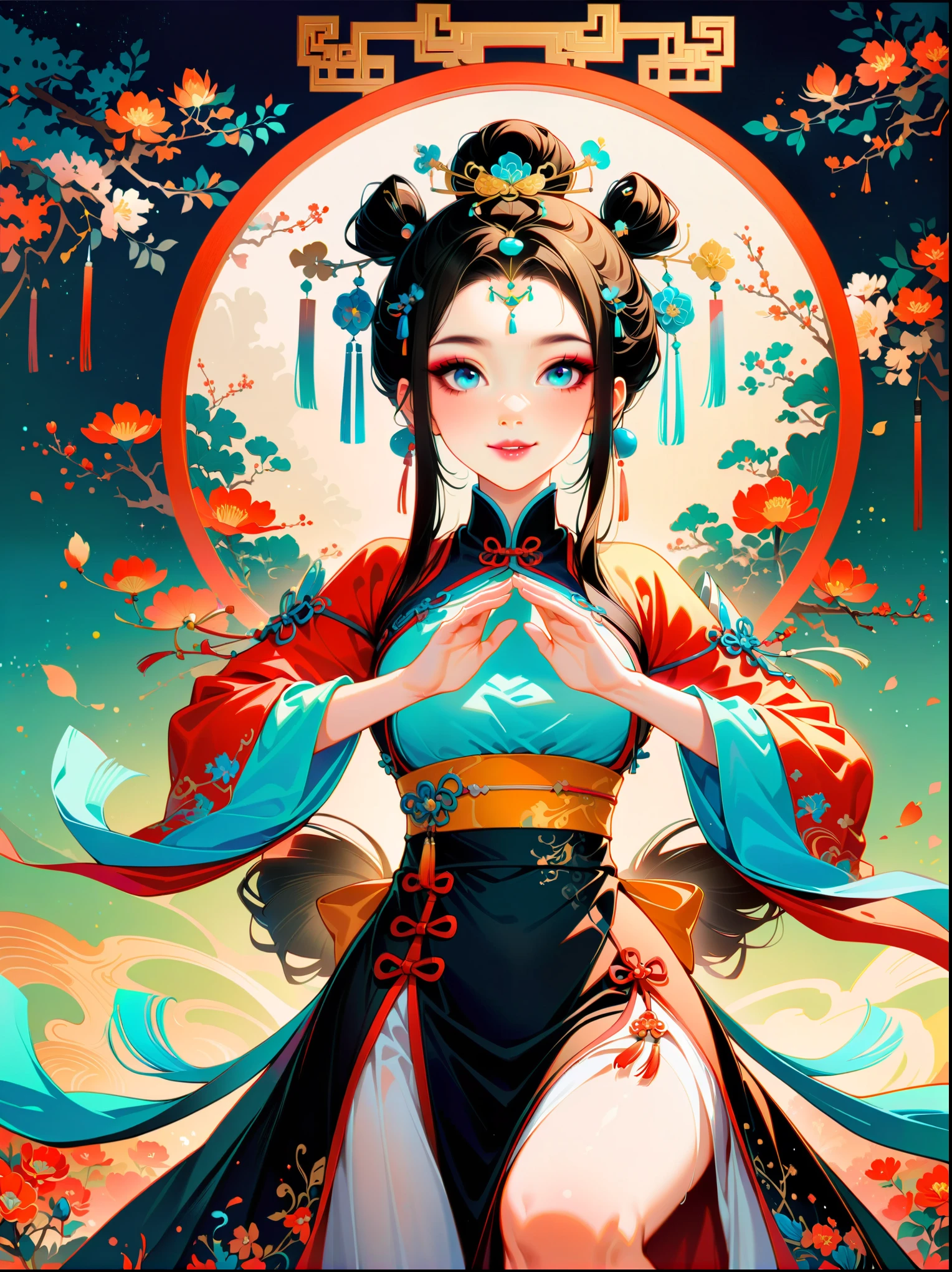 ((Nahaufnahme))，Werke chinesischer Tuschemeister，Prinzessin von China，Yang Guifei，Hanfu aus der Tang-Dynastie，Rock，Chinese garden，tanzen，lächeln，brillante Farben，Sternenfunkelnd，wunderschön，Huafu，Das Band flattert，Exquisites Make-up，(Egoperspektive, Meisterwerk, genau, Anatomisch korrekt, hohe Details, beste Qualität, 8k)