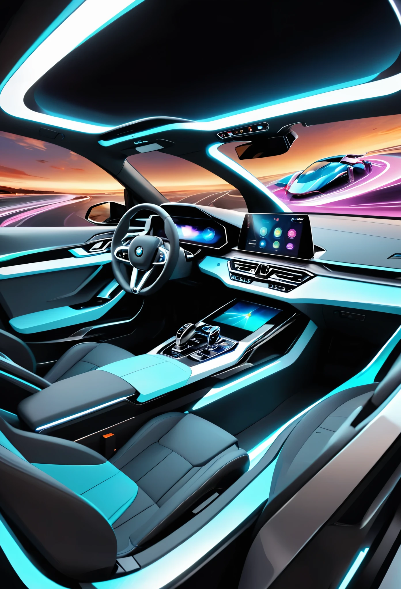 fantastic concept car, future of BMW X5, hyper-realistic design, cutting-edge technology, innovative features, sleek and dynamic body, seamless integration of form and function, bold and striking color scheme, luxurious interior, autonomous driving capabilities, advanced aerodynamics, sustainable energy sources, ultra-high performance, seamless connectivity, intelligent AI assistance, 8K resolution, ultra-detailed rendering, masterful craftsmanship, studio lighting, vivid colors, photo-realistic perfection, futuristic design elements, dynamic lines, sculpted curves, gull-wing doors, interactive holographic display, gesture-controlled interface, multi-touch control panels, augmented reality windshield, panoramic glass roof, state-of-the-art sound system, plush leather seats, ambient lighting, soothing color tones, advanced safety features, adaptive suspension system, intelligent energy management, cutting-edge tire technology, autonomous parking, virtual reality test drive