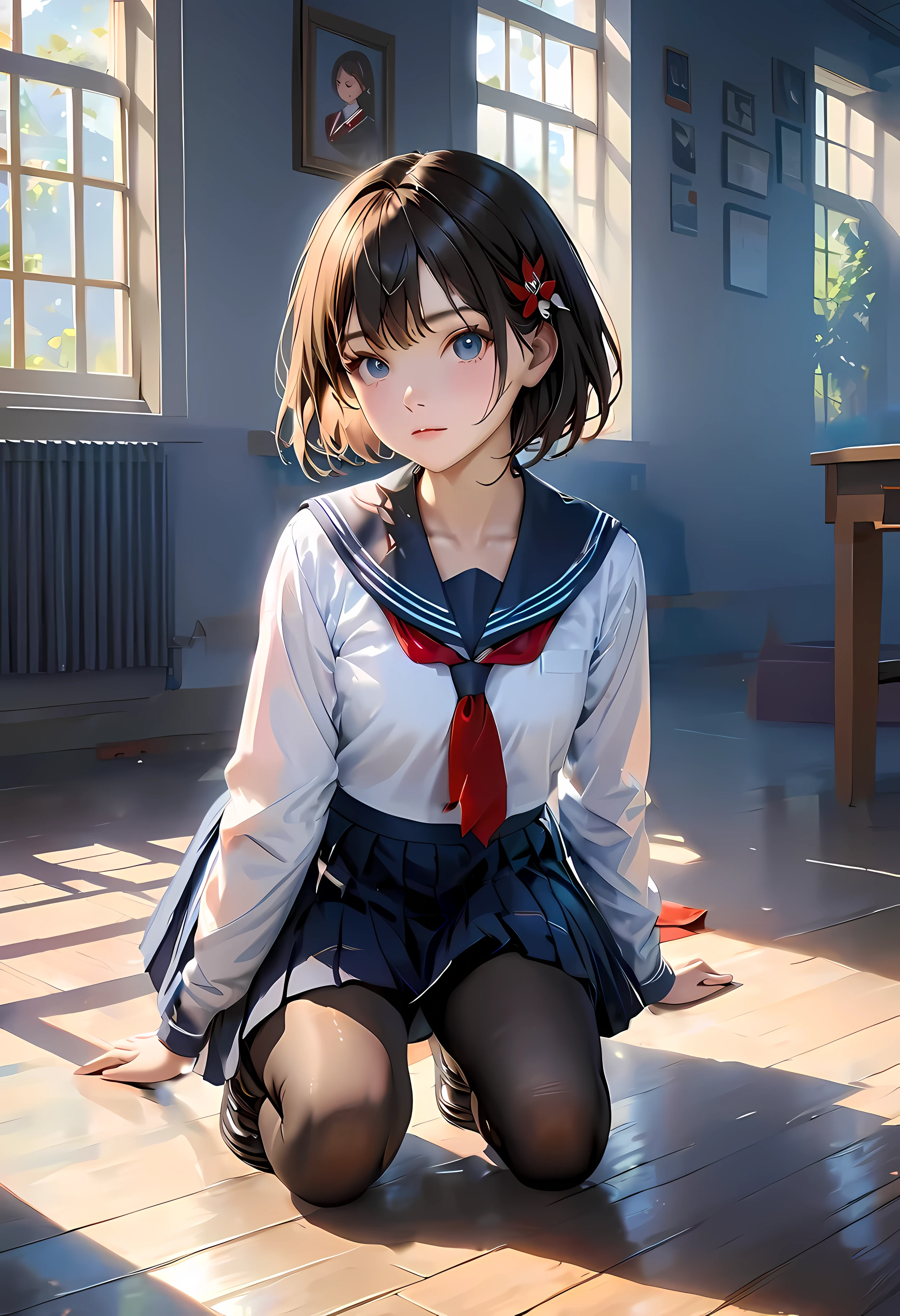 a girl,solo,(a girl squatting, school uniform, pleated skirt), best quality, ultra-detailed, realistic:1.37, vivid colors, professional, portraits, photography, natural lighting,(best quality,4k,8k,highres,masterpiece:1.2),ultra-detailed,(realistic,photorealistic,photo-realistic:1.37),1girl,school uniform,white serafuku,Uniform,long sleeves,school uniform,skirt,pantyhose,black pantyhose,red necktie,accessory,short hair,looking at audience,portraits,vivid colors,soft lighting,Put your hands between legs,hands in front