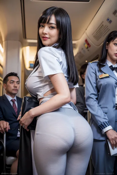 1womanl, 40 years、hyperdetailed face、Detailed lips、A detailed eye、double eyelid、(Black bob hair、Smiling as you walk slowly down the aisle)、(Stewardess uniform:1.2)、(Glamorous body)、(Colossal tits)、thighs thighs thighs thighs, Perfect fit, Perfect image rea...