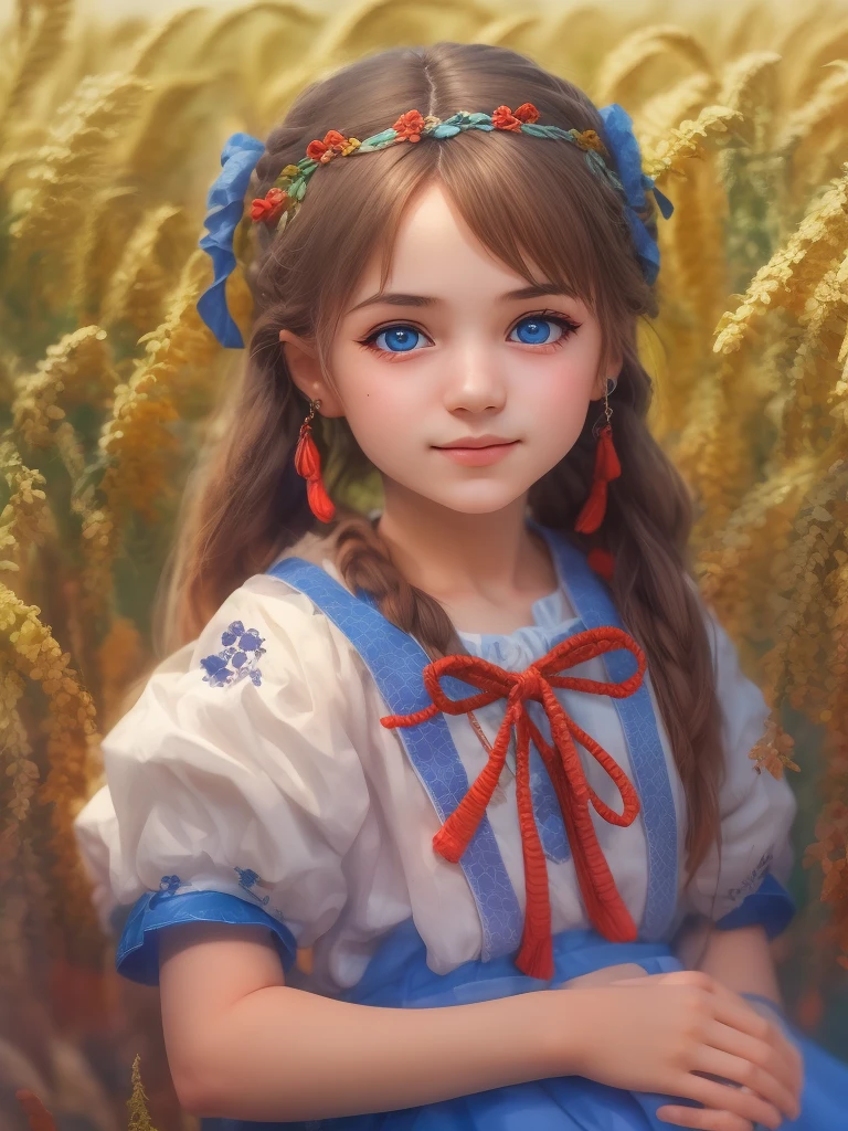 ((9year old girl:1.5)), complete anatomy, children's body, , super cute, girl, , random poses,random angles,

Ukrainian girl, wheat field, golden wheat field, embroidery,((( blue embroidery:1.2))),red embroidery,
Ukrainian, Russian, Belarusian, Sorochka, Ukrainian folk costumes,(red, blue, white), (red, blue, and white hairband),

 beautiful girl, 1 girl, , petite girl, top quality, masterpiece, high eyes,drooping eyes,(realism: 1.2)), , bangs, tall eyes, natural light,(aquamarine eyes),bangs, beautiful girl with fine details, Beautiful and delicate eyes, Beautiful girl, detailed face, Beautiful eyes, beautiful shining body, 8K images,