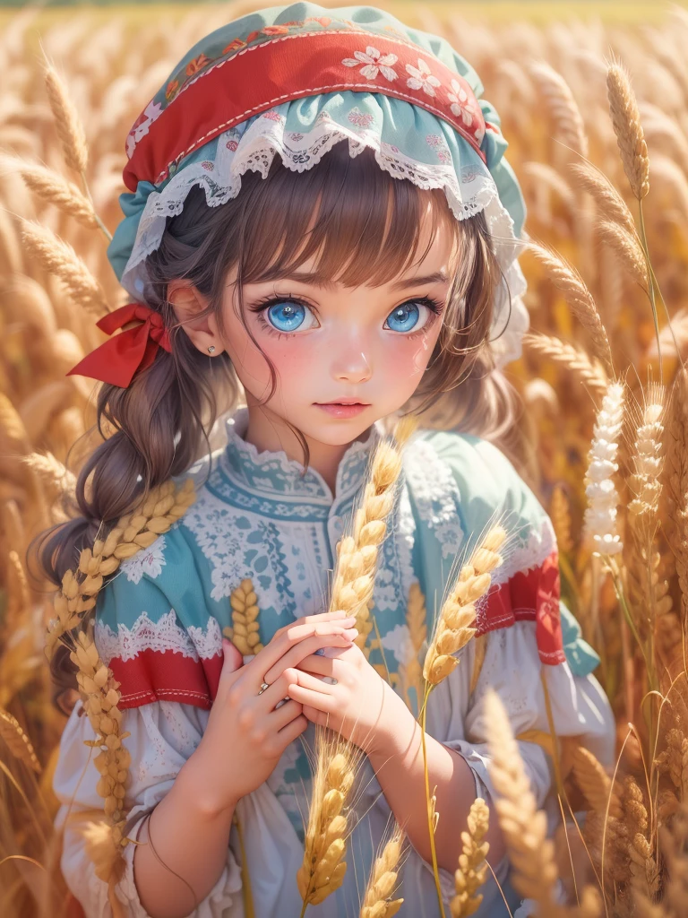 ((9year old girl:1.5)), complete anatomy, children's body, , super cute, girl, , random poses,random angles,

Ukrainian girl, wheat field, golden wheat field, embroidery,((( blue embroidery:1.2))),red embroidery,
Ukrainian, Russian, Belarusian, Sorochka, Ukrainian folk costumes,(red, blue, white), (red, blue, and white hairband),

 beautiful girl, 1 girl, , petite girl, top quality, masterpiece, high eyes,drooping eyes,(realism: 1.2)), , bangs, tall eyes, natural light,(aquamarine eyes),bangs, beautiful girl with fine details, Beautiful and delicate eyes, Beautiful girl, detailed face, Beautiful eyes, beautiful shining body, 8K images,