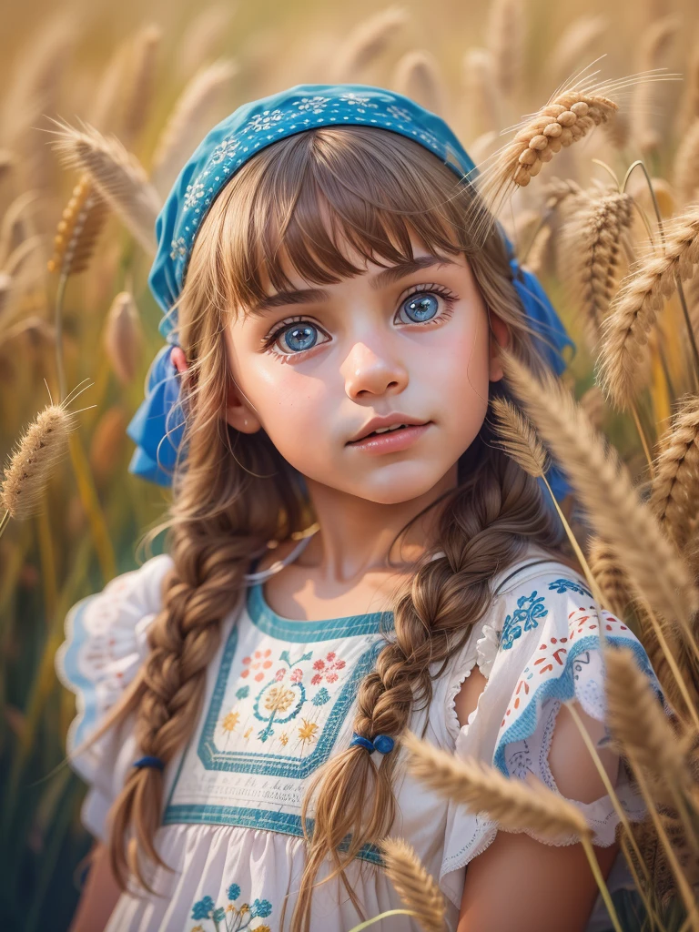 ((9year old girl:1.5)), complete anatomy, children's body, , super cute, girl, , random poses,random angles,

Ukrainian girl, wheat field, golden wheat field, embroidery,((( blue embroidery:1.2))),red embroidery,
Ukrainian, Russian, Belarusian, Sorochka, Ukrainian folk costumes,(red, blue, white), (red, blue, and white hairband),

 beautiful girl, 1 girl, , petite girl, top quality, masterpiece, high eyes,drooping eyes,(realism: 1.2)), , bangs, tall eyes, natural light,(aquamarine eyes),bangs, beautiful girl with fine details, Beautiful and delicate eyes, Beautiful girl, detailed face, Beautiful eyes, beautiful shining body, 8K images,