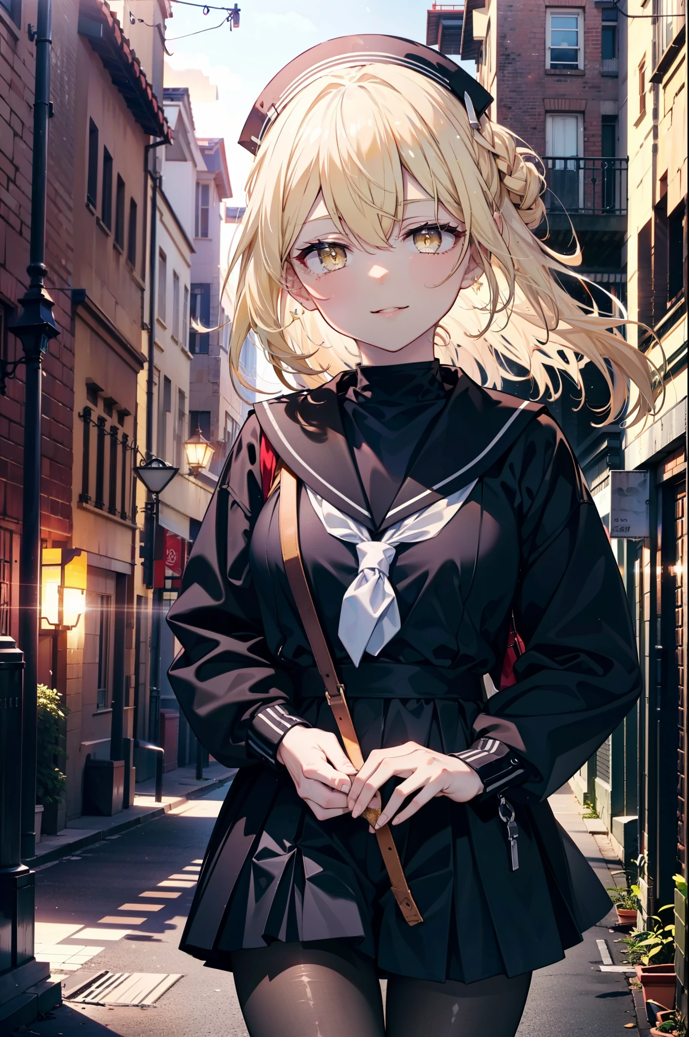 ice wallenstein, Behind Wallenstein, blonde hair, hair between eyes, hair band, long hair, (yellow eyes:1.5), happy smile, smile, open your mouth,black sailor suit,black pleated skirt,black pantyhose,brown loafers,evening,sunset,break looking at viewer, break outdoors,city,building street, break (masterpiece:1.2), highest quality, High resolution, unity 8k wallpaper, (shape:0.8), (fine and beautiful eyes:1.6), highly detailed face, perfect lighting, Very detailed CG, (perfect hands, perfect anatomy),
