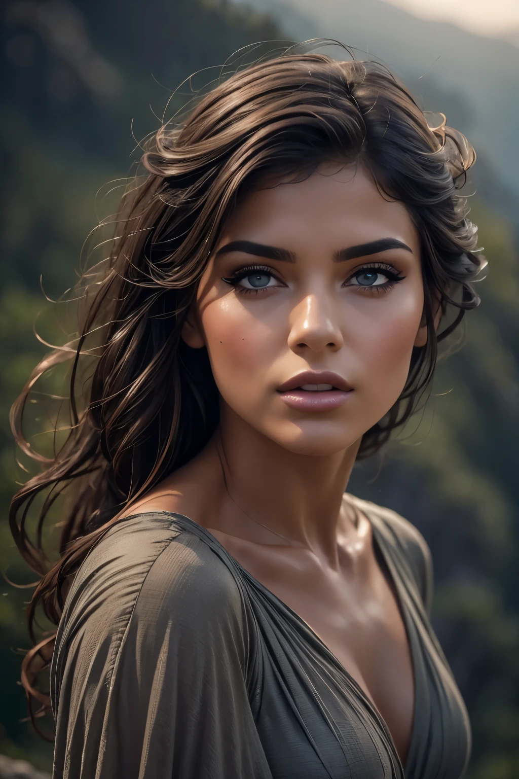 (sharp focus:1.2), photo, attractive young woman, (beautiful face:1.1), detailed eyes, luscious lips, (smokey eye makeup:0.85), (medium breasts:1.0), (athletic body:1.2), (wavy hair:1.2), wearing (maxi dress:1.2) on a (cliffside:1.2). (moody lighting:1.2), depth of field, bokeh, 4K, HDR. by (James C. Christensen:1.2|Jeremy Lipking:1.1).