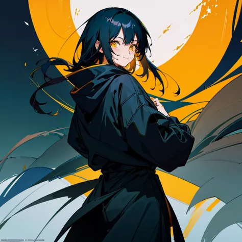 Anime man with yellow eyes and black hair in black hoodie, High quality anime art style, artwork in the style of guweiz, digital...