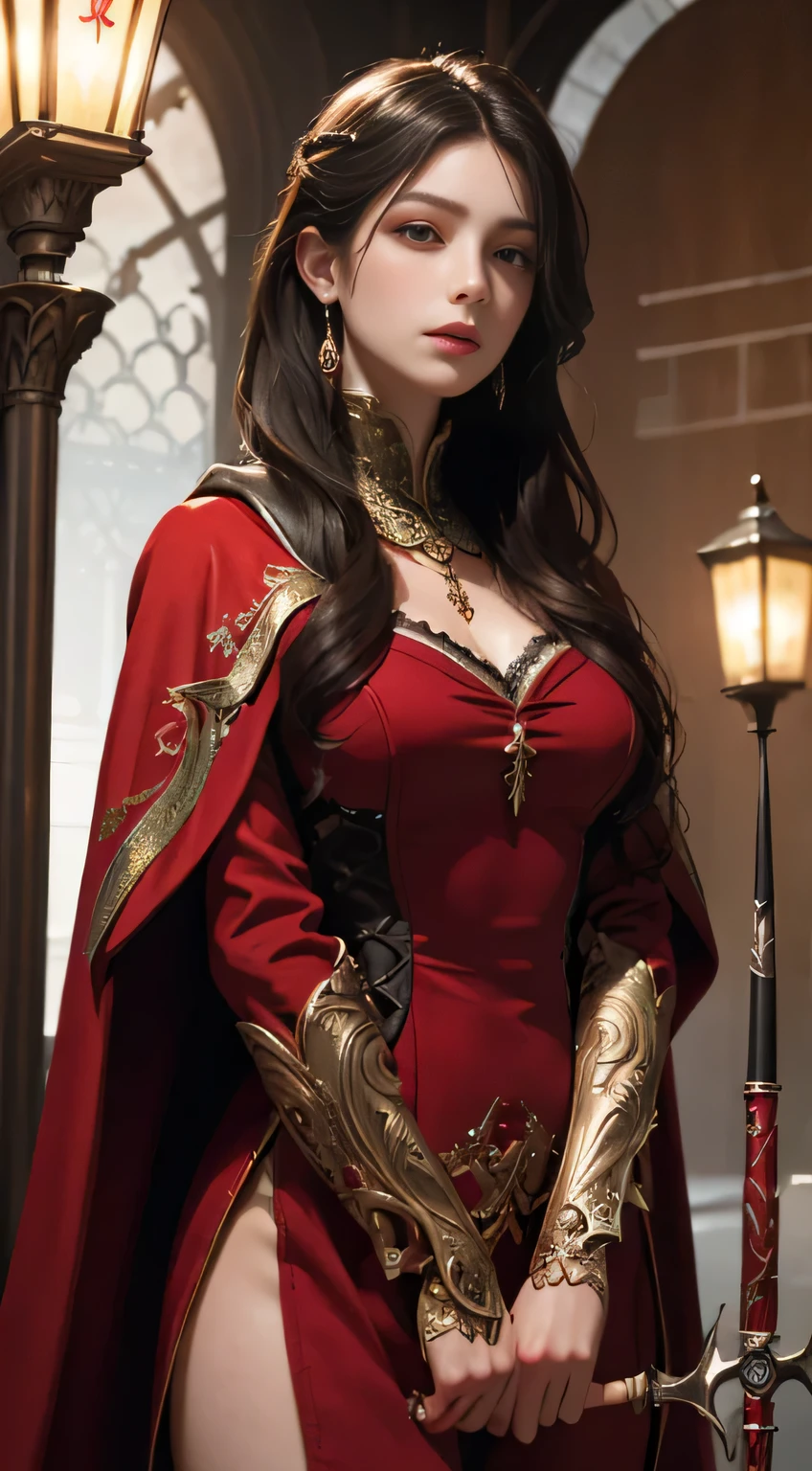 ((Masterpiece))), ((Best Quality))), ((Ultra Detailed)), (Surreal), (Highly Detailed CG Illustration), Cinematic Light, Realistic, Very Beautiful Young Lady,Sexy, Light Makeup, Intricate Details EABA, Red Cloak, Spear