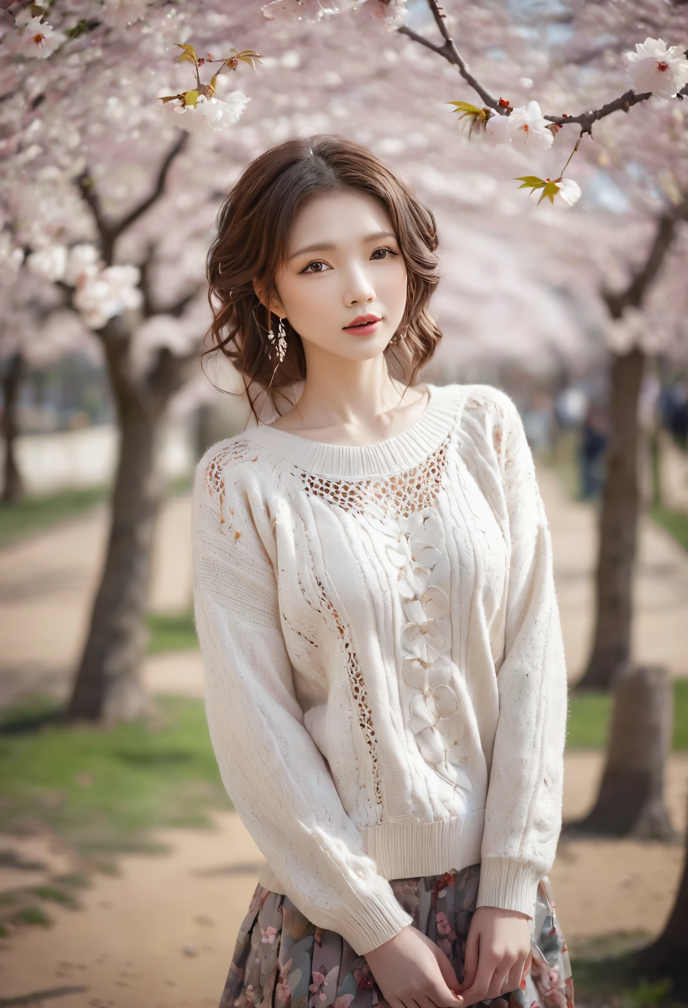 (masterpiece, best quality:1.2),Sexy sweater，Eyes are very delicate，Beautiful girl with wavy hair，Under the cherry blossom tree，Sakura petals are flying all over the ground，fantasy style，full body image