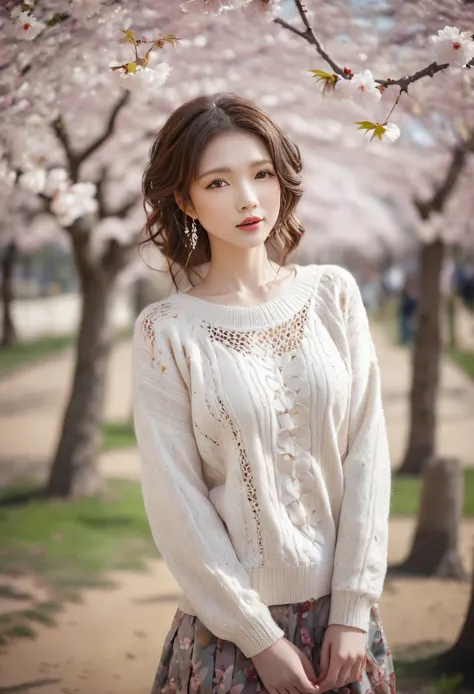 (masterpiece, best quality:1.2),Sexy sweater，Eyes are very delicate，Beautiful girl with wavy hair，Under the cherry blossom tree，...