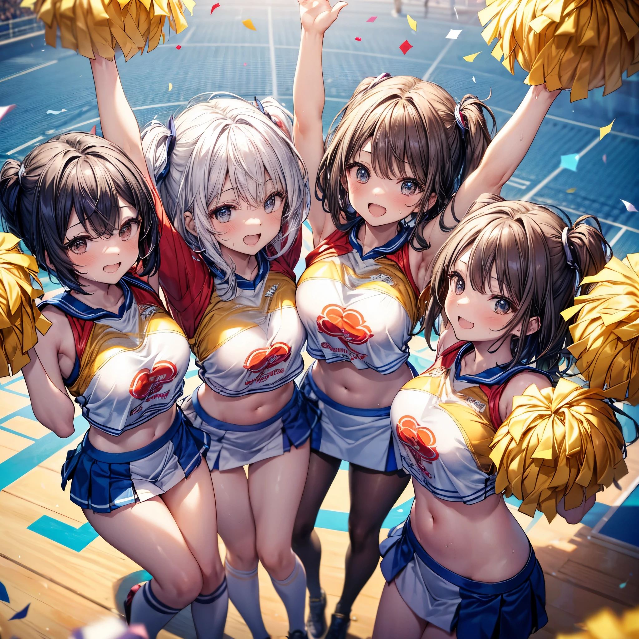 5 cheerleaders、((torso lift))、((torso lift))、from adove、((Composition from directly above))、everyone raises their hands、((perspective from above))、overlooking、dynamic composition、Cheerleading Team、Form a circle、best smile、shining sweat、celebratory mood、confetti、Banner behind「Congratulations」