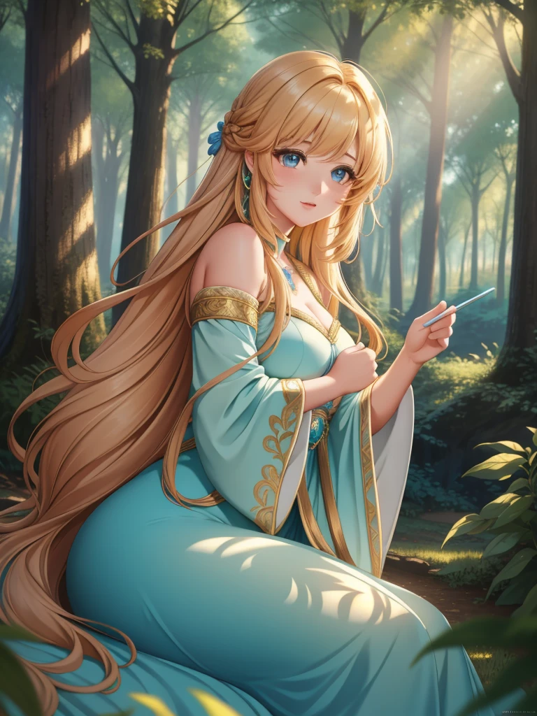 a girl in a fantasy forest, [oil painting] medium, beautiful detailed eyes, flowing long hair, vibrant colors, soft sunlight filtering through the trees, magical creatures hidden in the foliage, dreamy atmosphere, misty ambiance, mysterious shadows, exquisite details, (best quality,4k,8k,highres,masterpiece:1.2), [impressionist] style, warm color palette, gentle brushstrokes, ethereal lighting
