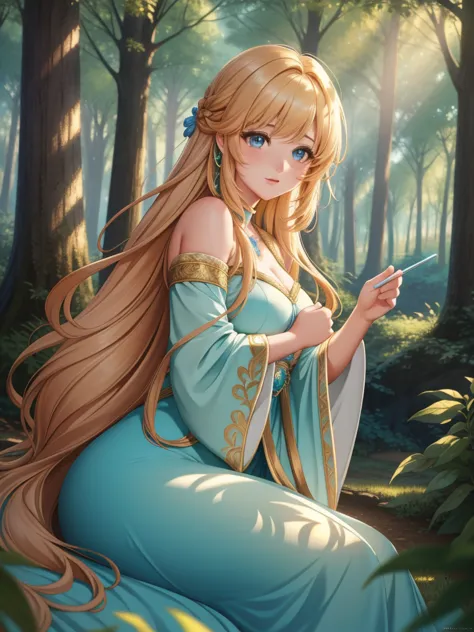 a girl in a fantasy forest, [oil painting] medium, beautiful detailed eyes, flowing long hair, vibrant colors, soft sunlight fil...