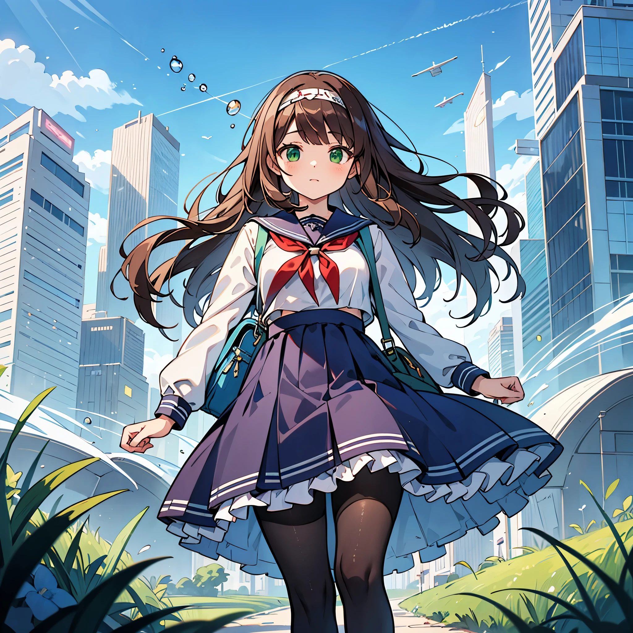 (best quality,4k,highres),ultra-detailed,realistic,portraits, Japaneese school girl, green eyes, long brown hair,anime style,futuristic, Frutiger Aero aesthetic, eco- modernism, bokeh, ribbon headband,small breast,futuristic sailor lolita dress,puffy sleeves,white and blue,colorful lighting, red ribbon, navy blue pantyhose, school shoes, school bag, school crest, floating bubbles, standing in a green field with futuristic skyscrapers in the background, tertiary colors, highly detailed, 4K.