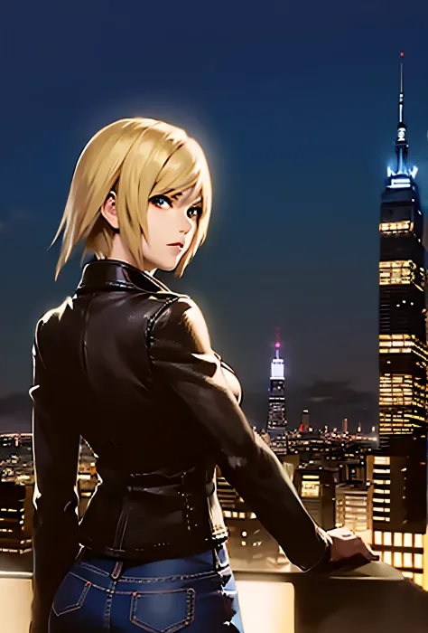 （parasite eve（aya brea blonde short hair　leather jacket　jeans））（backgroundamerican townscape　empire state building　beautiful lig...