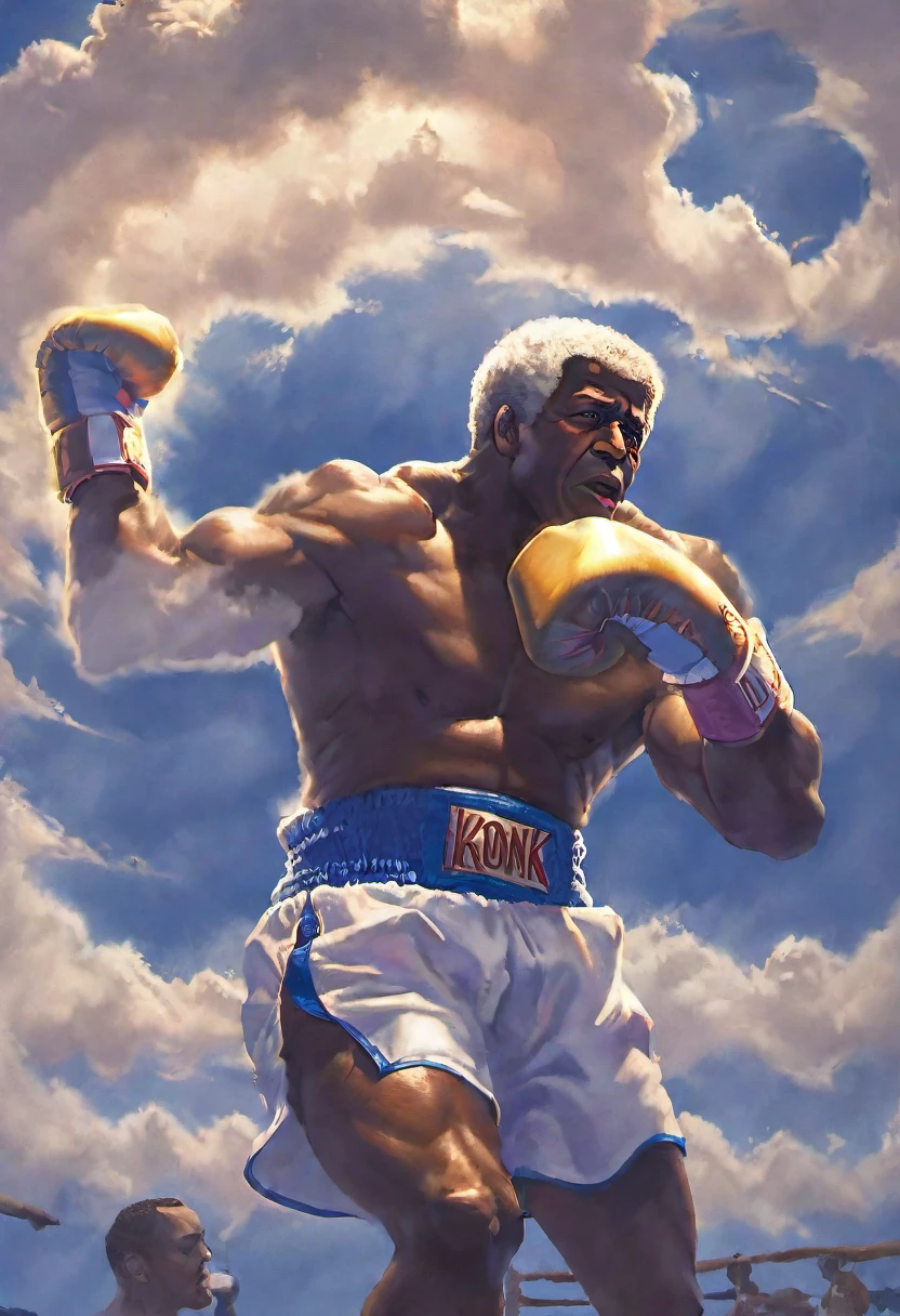 Der Geist von Emanuel Steward wird als Wolkenformation vorgestellt, ätherisch und majestätisch, Schweben über dem Kronk Boxing Gym. Seine Gesichtszüge werden durch die nuancierten Schattierungen und Texturen der Wolken sanft definiert, 