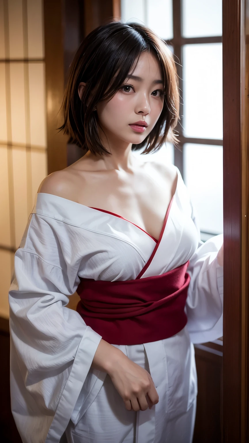 8K,((alta calidad)), Alta resolución, estilo de foto realista,1 mujer, japonés, todo el cuerpo, Todo el cuerpo se refleja.,Se refleja de pies a cabeza,Una foto tomada desde el frente.,(yukata), clothes called japonés-style undershirts ,kimono, tanga roja, pelo negro, cabello corto, (anatómicamente correcto), motel,clavícula,quiralismo, medio pechos,fuera del hombro